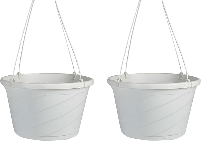 Euro Hanging Basket Planter - The HC Companies | Decorative 12-Inch Large Plastic Hanging Basket w/Swirl Design for Outdoor Plants, White (Pack of 2)