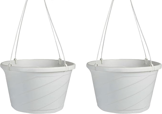 Euro Hanging Basket Planter - The HC Companies | Decorative 12-Inch Large Plastic Hanging Basket w/Swirl Design for Outdoor Plants, White (Pack of 2)