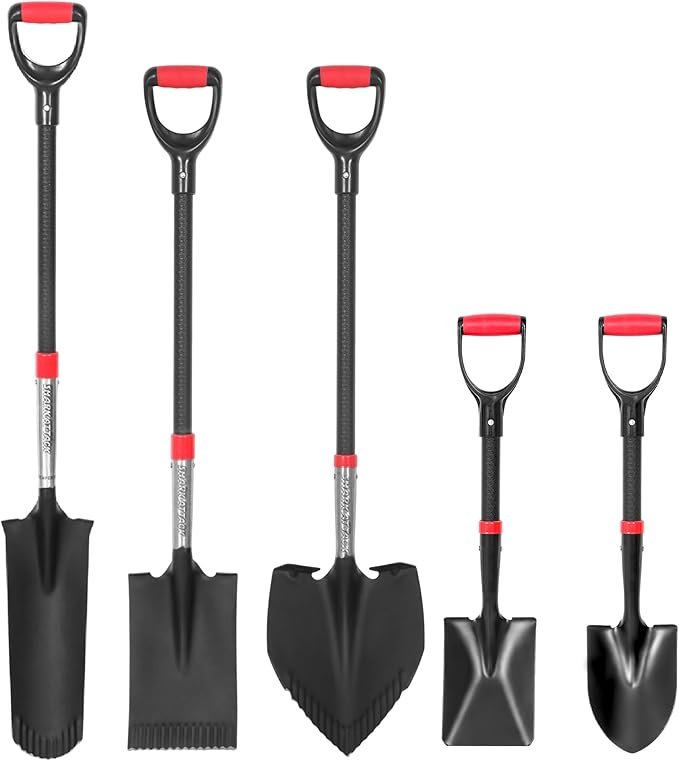 SHARK ATTACK 5-Piece Steel Shovel Set with D-Grip Handles Digging Shovel- Multi-Size Garden Shovels with Powder Coating for Digging, Planting & Car Emergency
