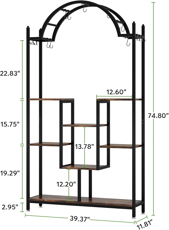 Tribesigns 5-Tier Tall Indoor Plant Stand, 74.8'' Arched Metal Flower Shelf with Hanging Hooks, Large Bonsai Pots Display Rack for Indoor, Balcony, Living Room