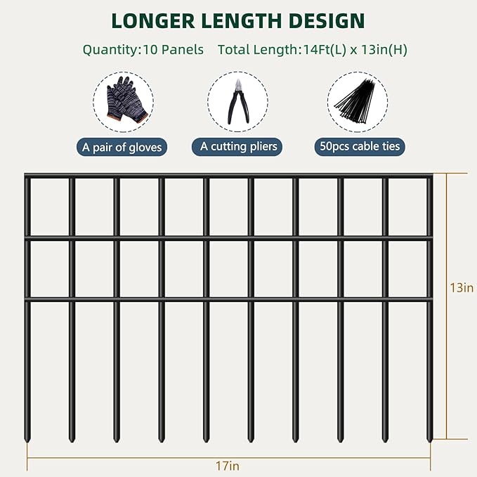 10 Panels Animal Barrier Fence, 14ft(L) x 13in(H) No Dig Garden Fence for Dog Rabbit, Rustproof Anti Digging Barrier, Garden Edging Border Ground Defense for Outdoor, Yard, Patio