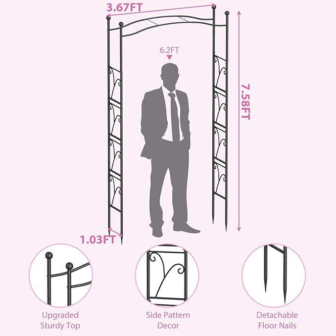 Garden Arch Trellis 7FT Wedding Arch Backdrop Stand, Metal Garden Arbor Trellis for Plant Climbing Outdoor, Plant Arch with Anchored Pile, Flower Stand Balloon Decor, Archway Pergola
