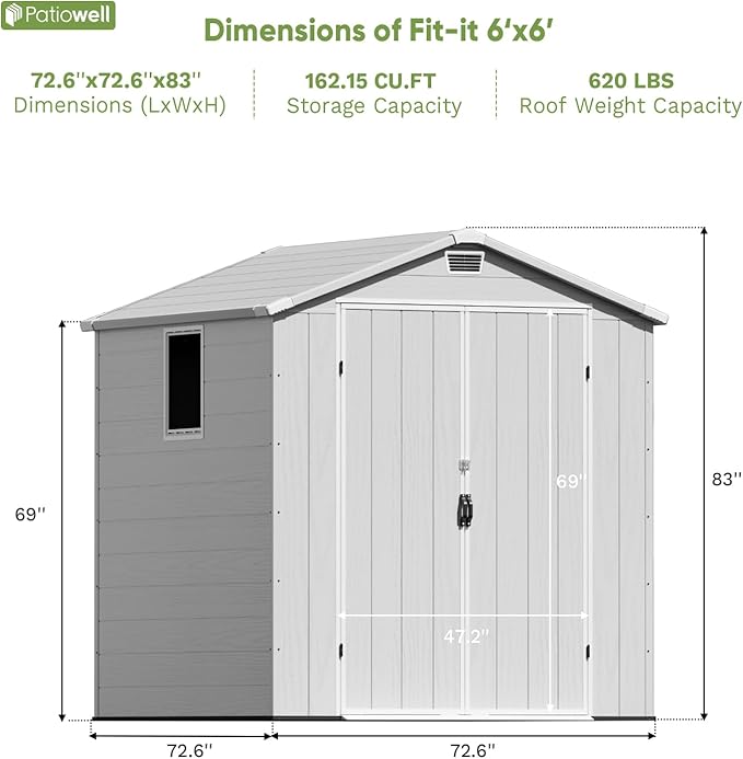 Patiowell 6X6 FT Outdoor Storage Shed with Lockable Door and Floor - Resin Garden Tool Shed with Window, Waterproof Easy Assembly for Backyard, Lawn, Patio Furniture Storage (Light Grey)