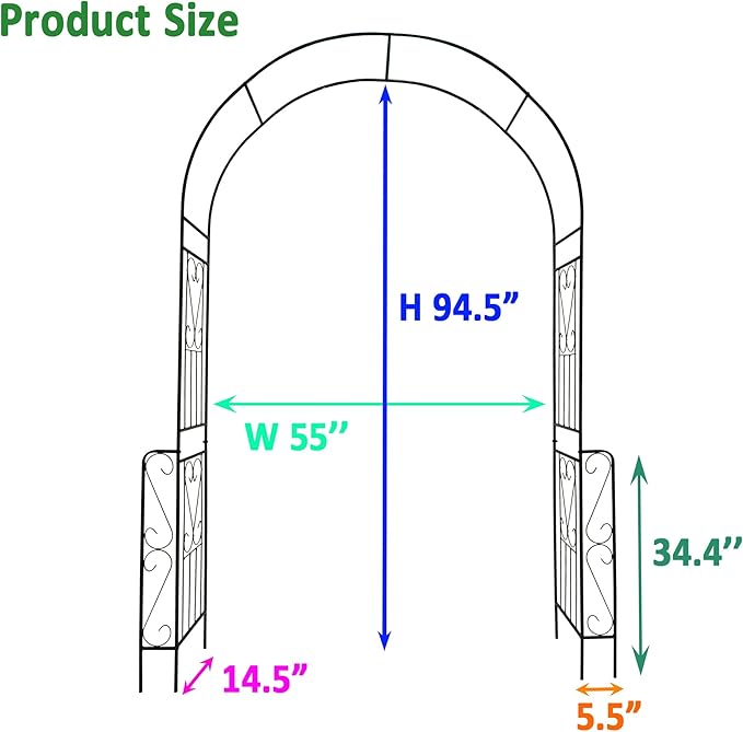 Metal Garden Arch, Assembly Garden Arbor Trellis Climbing Plants Support Rose Arch Outdoor Wedding Arch Party Events Archway (W55'' x H94.5'', Black)