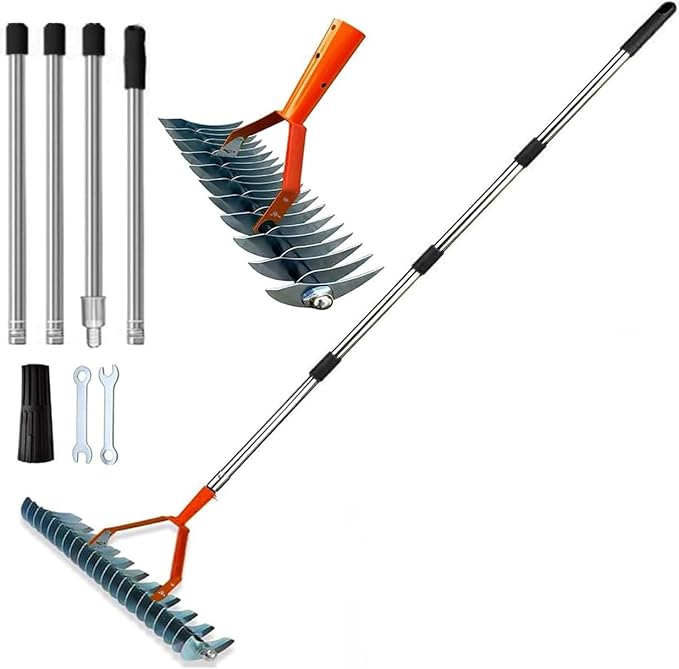 Thatch Rake, Lawn Dethatcher Rakes,Dead Grass Remover,Manual Dethatching Rake with Adjustable Length Handle, for Removing Dead Grass Debris Yard Garden, 66.9-Inch Length.