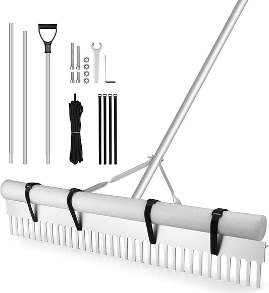 Landscape Rake, 36" Aluminum Heavy Duty Lake Weed Rake, Multifunctional Detachable Aquatic with 134'' Extension Handle & 20Ft Rope, for Weed Algae Removal Loosening Soil Lawn Garden Care