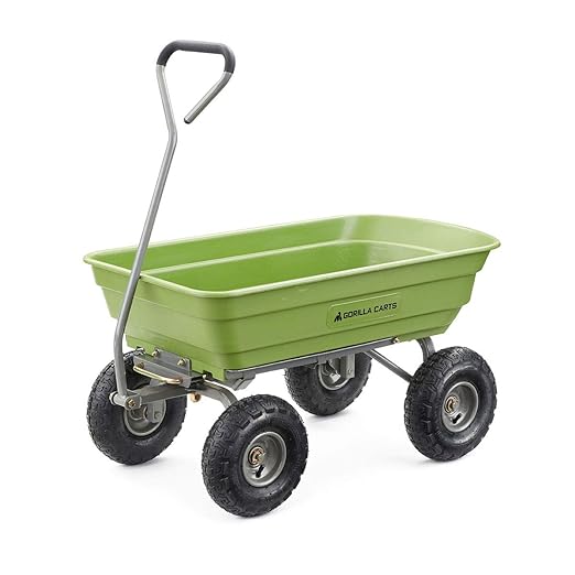 Gorilla Carts Poly Garden Dump Cart, 4 Cu Ft Tub, 600 lb Haul Capacity, Green – Heavy-Duty Utility Wagon with Quick-Release Dumping & Pneumatic Tires for Yard, Landscaping and Gardening