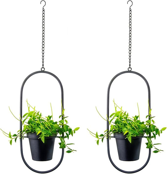 Modern Hanging Planters for Indoor Plants, Metal Plant Hanger with 5 inch Flower Pots,Set of 2 Black Oval Shape Plant Holders, Wall and Ceiling Hanging Pots for Outdoor Plants, Home Décor