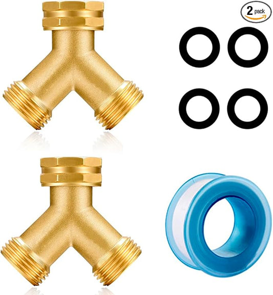 Garden hose splitter, Brass Y-Type Unrestricted Flow Fitting, Garden Faucet splitter (2-way full flow 2Pcs)