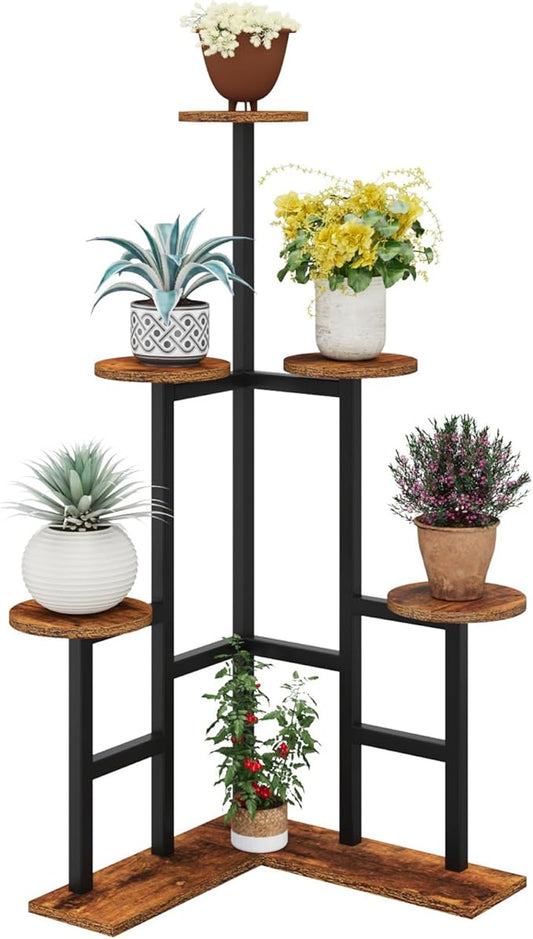 IBUYKE 6 Tier Plant Stand Indoor, Tall Flower Pot Stand for Multiple Plants, Tiered Corner Plant Shelf for Living Room Patio Balcony Garden, Rustic Brown TMJ072H