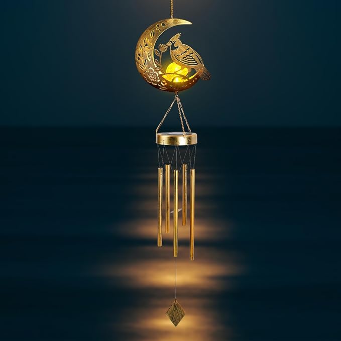 Moon Cardinal Wind Chime for Outside - Exquisite Vermilion Bird, Handmade Aluminum Wind Chimes for Garden/Lawn, Soothing Zen Decor, Perfect Asian-Themed Gift for Housewarming & Meditation Spaces