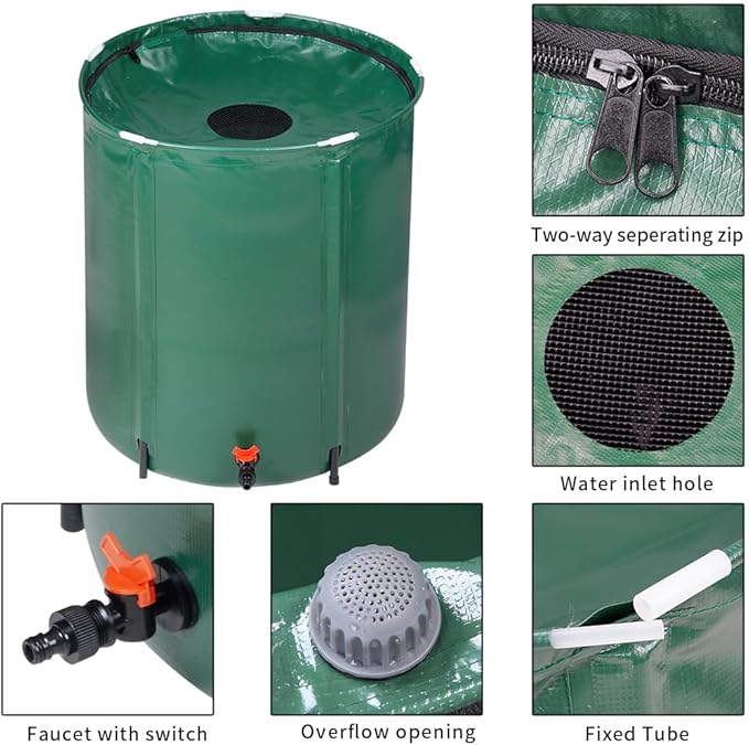 50 Gallon Collapsible Rain Barrel, Portable Rainwater Collection System, Rain Catcher Barrel, Water Storage Tank with Spigots and Overflow Kit, Rain Water Barrel Collector for Garden, Green