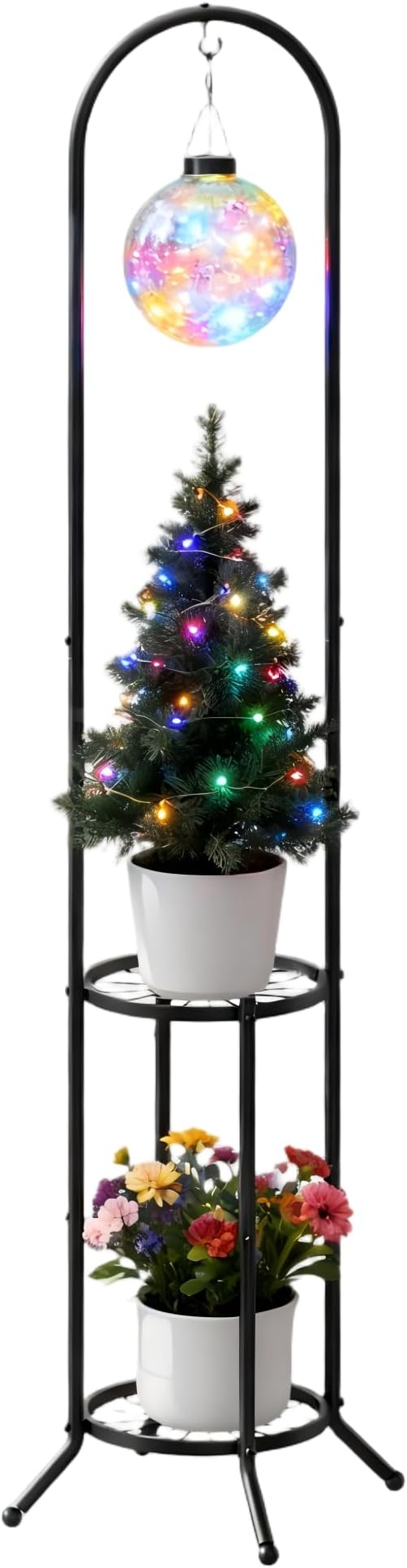 2-tier Hanging Plant Stand Plant Hanger Indoor Outdoor Corner Plant Stands for Indoor Plants, Space-Saving Iron Planter Shelves, Multiple Flower Pot Display Holder Shelf with Hanging Hook, Indoor Outdoor Heavy Duty Planter Shelving Unit (n-style,Black)