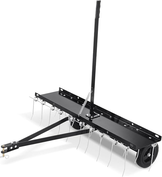 VEVOR Tow Behind Dethatcher, 40-inch Tow Dethatcher with 20 Spring Steel Tines, Lawn Dethatcher Rake for ATV or Mower, Tow Behind Lawn Rake with Lift Handle for Garden Farm Grass