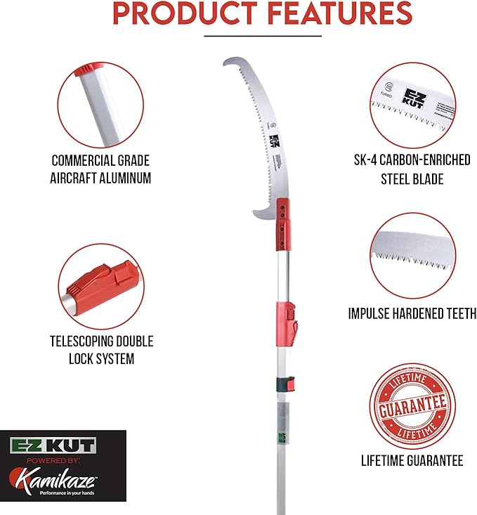 EZ Kut Professional Pole Saw 20’ Extendable - Manual Pole Saw for Tree Trimming. Branch Cutter with Double Hook for Branch Removal - Best Tree Pruner. Tree trimmer pole saw. Since 1988