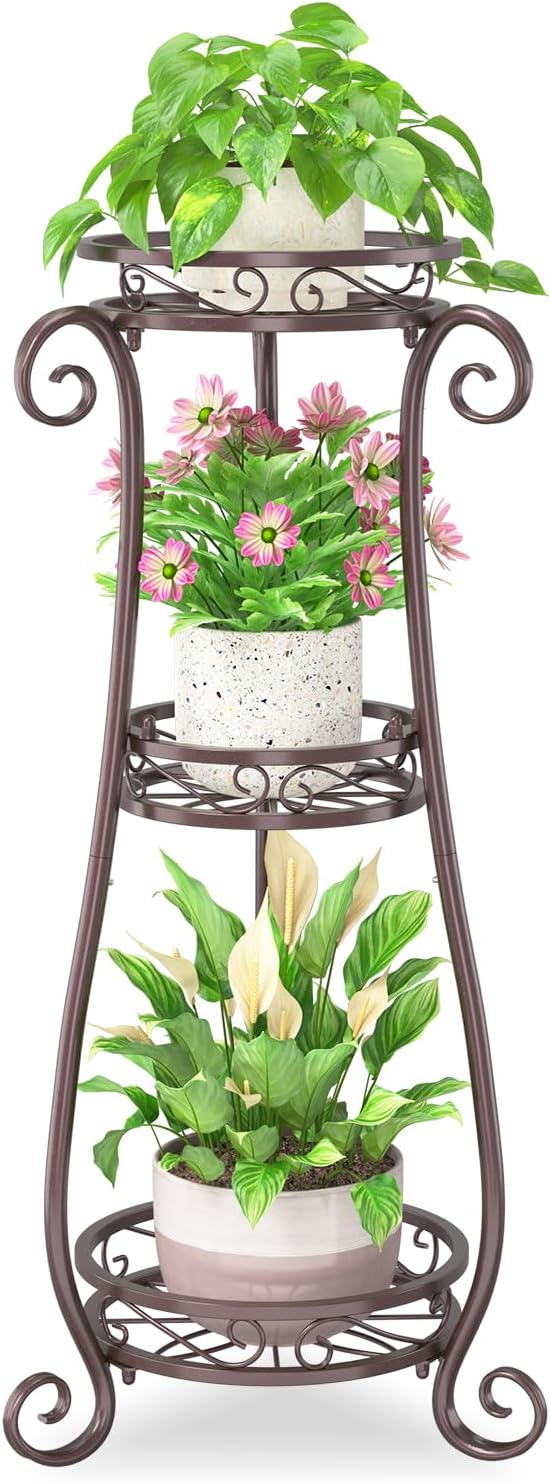 iDavosic.ly 3 Tier Metal Plant Stand Indoor Outdoor, Wrought Iron Corner Tall Flower Pot Holder Shelf, 34 Inch Vertical Heavy Duty Display Rack for Patio Porch Living Room Garden, Bronze