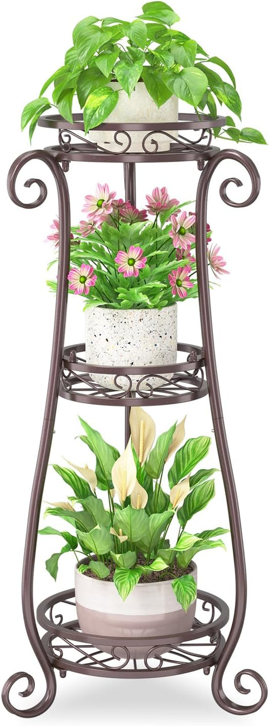 iDavosic.ly 3 Tier Metal Plant Stand Indoor Outdoor, Wrought Iron Corner Tall Flower Pot Holder Shelf, 34 Inch Vertical Heavy Duty Display Rack for Patio Porch Living Room Garden, Bronze