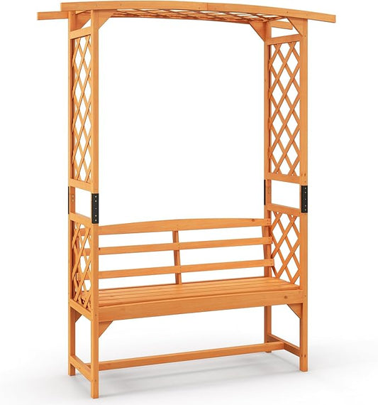 Happygrill Patio Garden Arbor with Bench, Garden Arch Trellis w/Pergola & Side Trellises for Climbing Plants Vines Grapes, 2-Seat Wooden Outdoor Bench, Garden Archway for Wedding Party Backyard