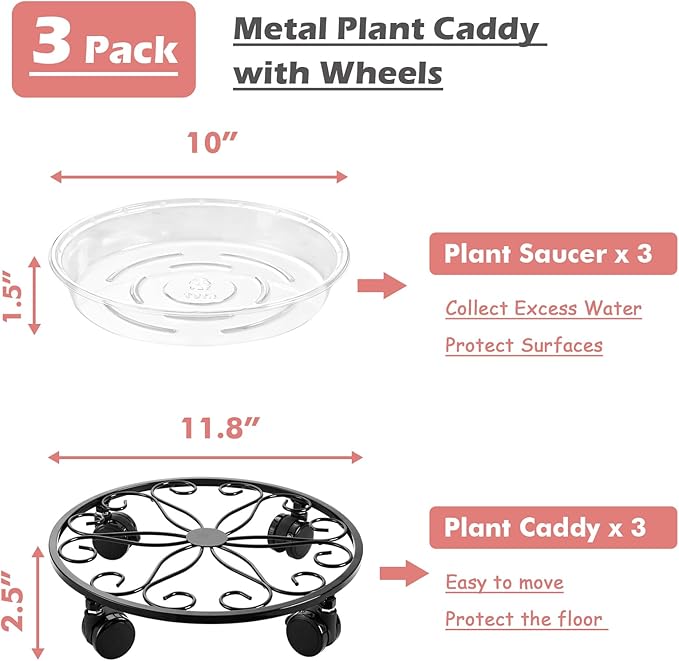 3 Pack Metal Plant Stand with Wheels 12 Inch Plant Caddy Heavy Duty Wrought Iron Rolling Plant Stand Plant Dolly Plant Rollers Plant Cart Plant Mover with 3 Pack Plant Saucers