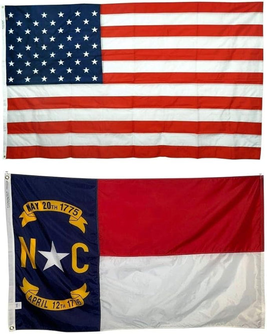 3x5' State of North Carolina & 3x5' United States Flag Bundle - Durable All Weather Nylon & Reinforced Fly End Stitching - Made in The USA