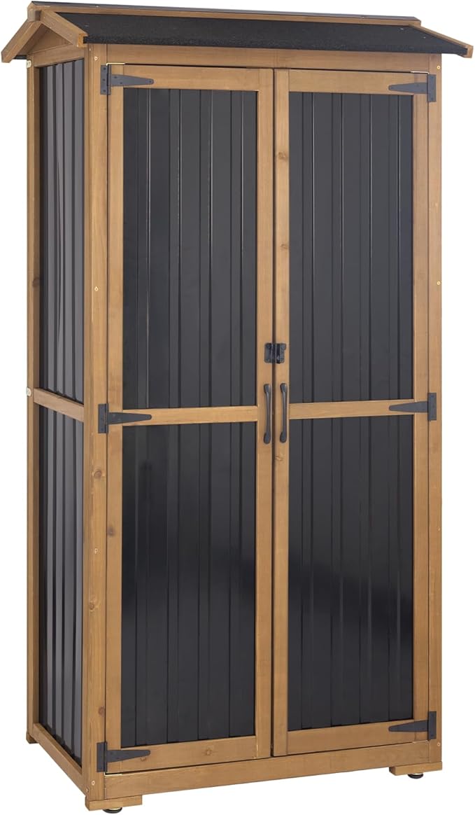 Large Outdoor Storage Cabinet, Wood Outdoor Storage Shed with Three Adjustable Shelves, Lockable Doors, Waterproof Roof, Outdoor Cabinets Garden Tool Shed, Brown, 38''x20.5''x69''