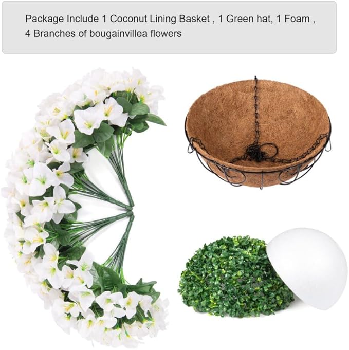 Artificial Hanging Flowers Faux Plants Basket for Outdoors Spring Summer Decor, Fake Silk Bougainvillea in Planter Outdoor Look Real UV Resistant Faux Flower for Outside Porch Patio Garden Home, White