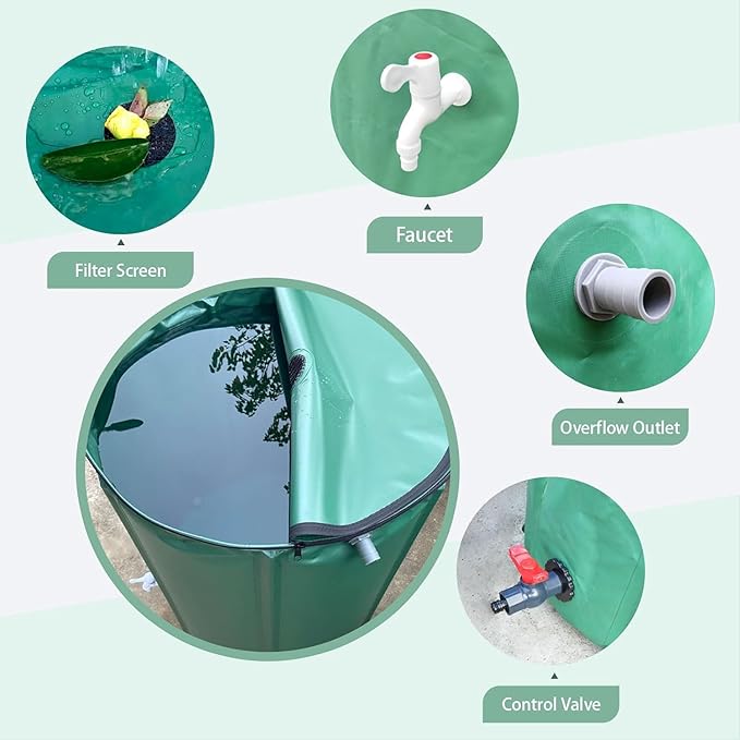 100 Gallon Rain Water Barrel, Portable Rainwater Collect System Water Storage Tank Collapsible Rain Barrel with Filter, Spigot & Overflow Kit (Reinforced Liner+Thickened Legs) - Green