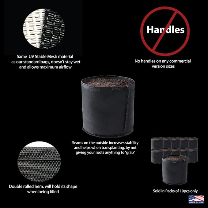 Commercial Grow Bag Pack of 10, Air Pruning Mesh Fabric Plant Containers (20 Gallon, Black)