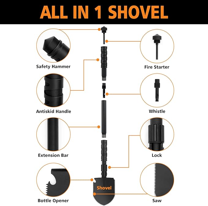 FLYEGO 9-in-1 Folding Camping Shovel, Multifunctional Military Shovel Portable Metal Detecting Shovel High Carbon Steel Entrenching Tool, Car Emergency, Hiking, Garden, Trenching, Backpacking