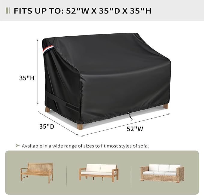 KylinLucky Waterproof Outdoor Loveseat Cover 52×35×35 Inch - 420D Oxford Fabric, All-Weather Patio Sofa Protector with Way Air Vents & Windproof Straps, Sunproof Black