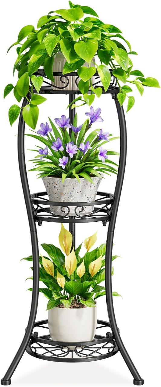 iDavosic.ly 3 Tier Tall Metal Plant Stand Indoor Outdoor, Wrought Iron Corner Flower Pot Holder Shelf, 34 Inch Vertical Display Rack for Patio Porch Living Room Garden, Black