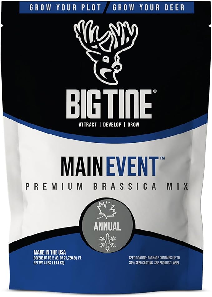 Big Tine Food Plot Mix, Deer Attractant, Main Event, Premium Brassica Mix, 4 lbs Bag, Fall/Winter Annual, Excellent Kill Plot, Drought Resistant