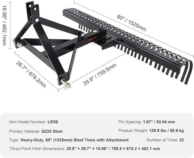 VEVOR Tow Behind Dethatcher, 60-inch Tow Dethatcher with 32 Steel Tines, 3-Point Lawn Dethatcher Rake with Attachments for Tractor, Landscape Rake for Garden, Farm, Grass