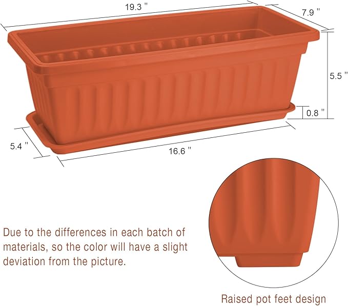 HOXHA 6 Pack Window Box Planter, 17 inches Plastic Vegetable Flower Planter Boxes with Tray, Rectangular Indoor and Outdoor Flower Pots for Windowsill, Patio, Porch, Garden Balcony