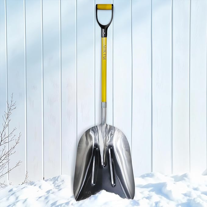 Plexon Aluminium Steel Snow Shovel for Driveway 15" Blade - Heavy Duty Snow Shovel for Car- Metal Scoop Shovel - Fiberglass Handle & Plastic D-Grip - Outdoor Garden Yard, 48" Length