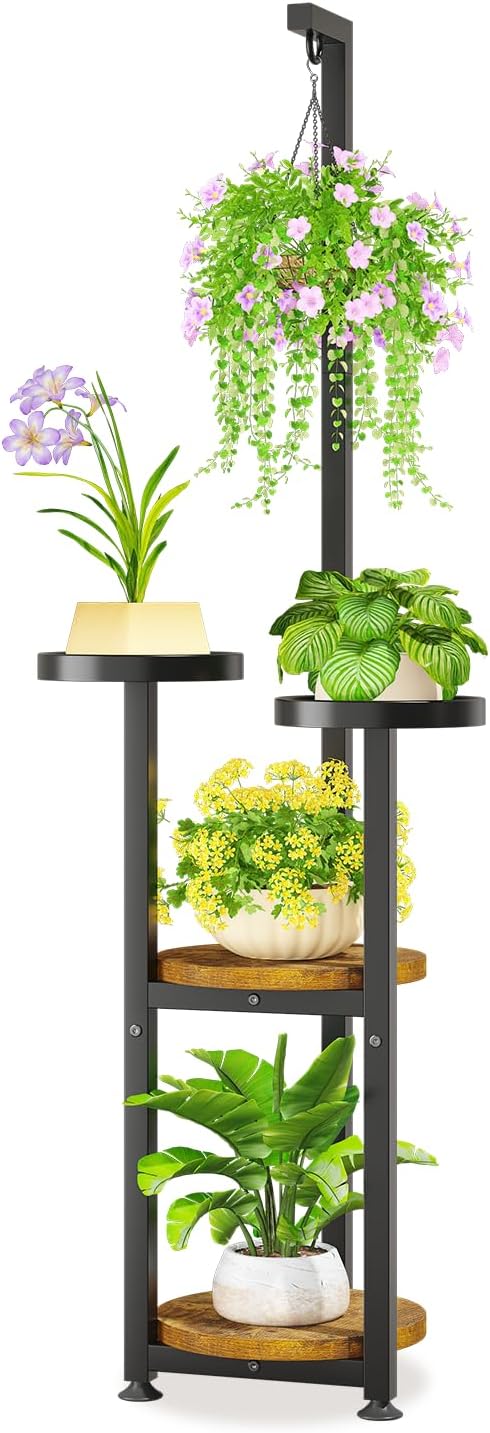LASZOLA Black 4 Tier Tall Plant Stand Indoor with Hanging Ring, Large Heavy Duty Metal Vertical Corner Rack for Multiple Planter, Sturdy Wrought Iron Flower Shelf Holder Organizer for House Patio