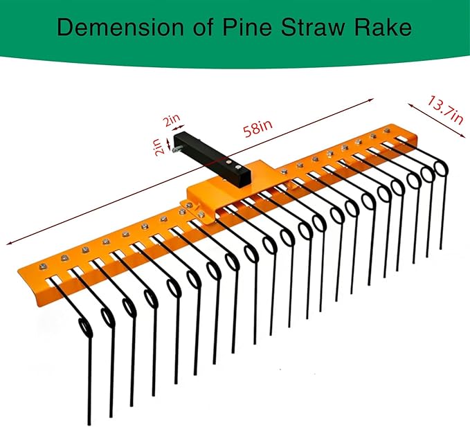 48" Durable Pine Straw Rake Steel Spring Landscape Rake Fits 2" Receiver for Lawn Tractors or ATV/UTV，Orange