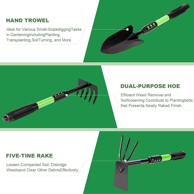Garden Tool Set, 4 Pack Gardening Tools, Stainless Steel Heavy Duty Hand Cultivator, Hoes, Shovel, for Planting Weeding Digging, Gardening Gifts for Women, Green