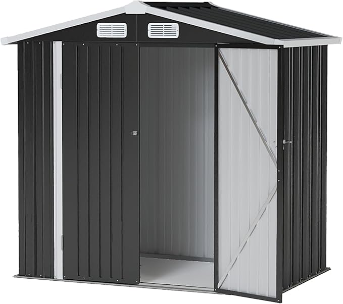 6x4 FT Outdoor Storage Shed, Metal Garden Tool Shed with Sloping Roof & Lockable Door for Patio Lawn Backyard (Black)
