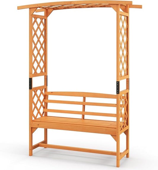 Giantex Garden Arch Trellis with Bench - 63''W x 79''H Wooden Arbor with 2-Person Outdoor Bench, Garden Arbors Archway Pergola for Climbing Plants Rose Wedding Backyard Party Lawn Decor