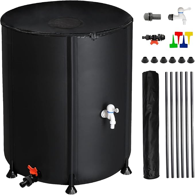 50 Gallon Collapsible Rain Barrel, Water Storage Tank, Portable Rainwater Collection System, Rain Catcher Barrel with Two Spigots and Overflow Kit, Rain Water Barrel Collector for Garden, Black