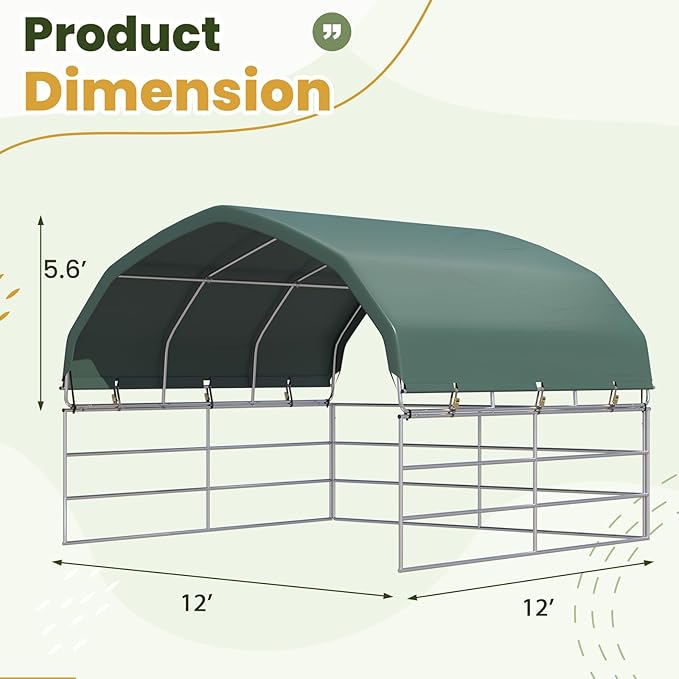 YOLENY 12'x12' Corral Shelter, Heavy Duty Round Style Canopy, Green, Waterproof and UV Treated Universal Cover, Easy Assembly Stable and Agricultural Storage and Shade Shed Kit for Livestock