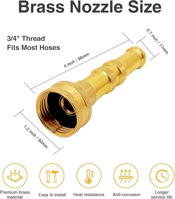 Brass Hose Nozzle Cyprium Brass Water Hose for Garden Hose, High Pressure Adjustable Twist Heavy Duty 4" Power Washer