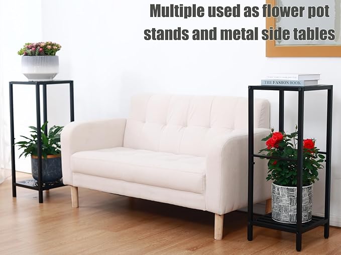 2-Tier Tall Metal Square Plant Stand 31” Heavy-Duty Modern Flower Pot Rack for Indoor Living Room, Corner Side Table for Outdoor Patio, Garden, and Balcony, Black