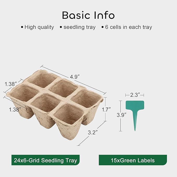 GROWNEER 144 Cells Peat Pots Seed Starter Trays 24 Packs Biodegradable Seedling Pots Germination Trays Organic Plant Starter Kit with 15 Pcs Plant Labels