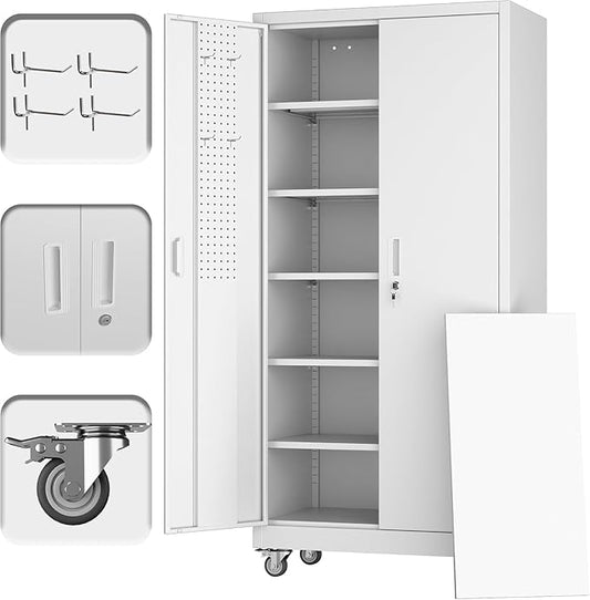 Metal Garage Storage Cabinet with Wheels and Pegboard,Rolling Tool Storage Cabinet with 5 Adjustable Shelves for Garage Warehouse Office Utility Room,Required Assembly,71" H×34" W×18" D,White