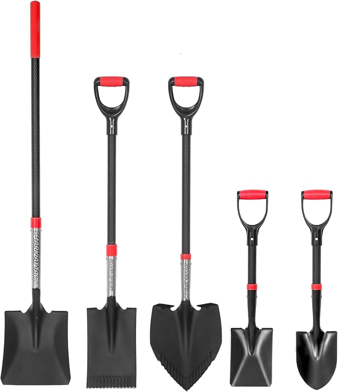 SHARK ATTACK 5-Piece Steel Shovel Spade Set with D-Grip Handles - Multi-Size Garden Shovels with Powder Coating for Digging, Planting & Car Emergency