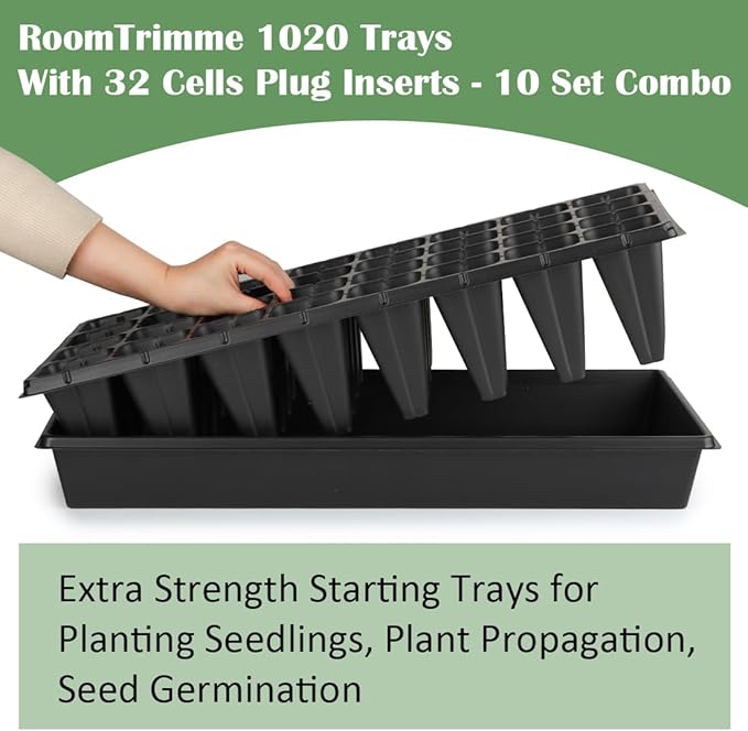 10 Pack 1020 Trays No Holes and 10 Pack 4.3" Deep 32 Cell Seed Starter Trays, 20" x 10" - Heavy Duty Plastic Nursery Flats for Seed Germination & Plant Propagation (10 Sets)