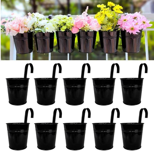 LaLaGreen Small Hanging Planters - 10 Pack, 4 Inch Black Metal Bucket Small Flower Pots for Outdoor Outside, Balcony Railing Hanging, Cute Garden Decor Rail Wall Farmhouse Rustic Deck Porch Succulent