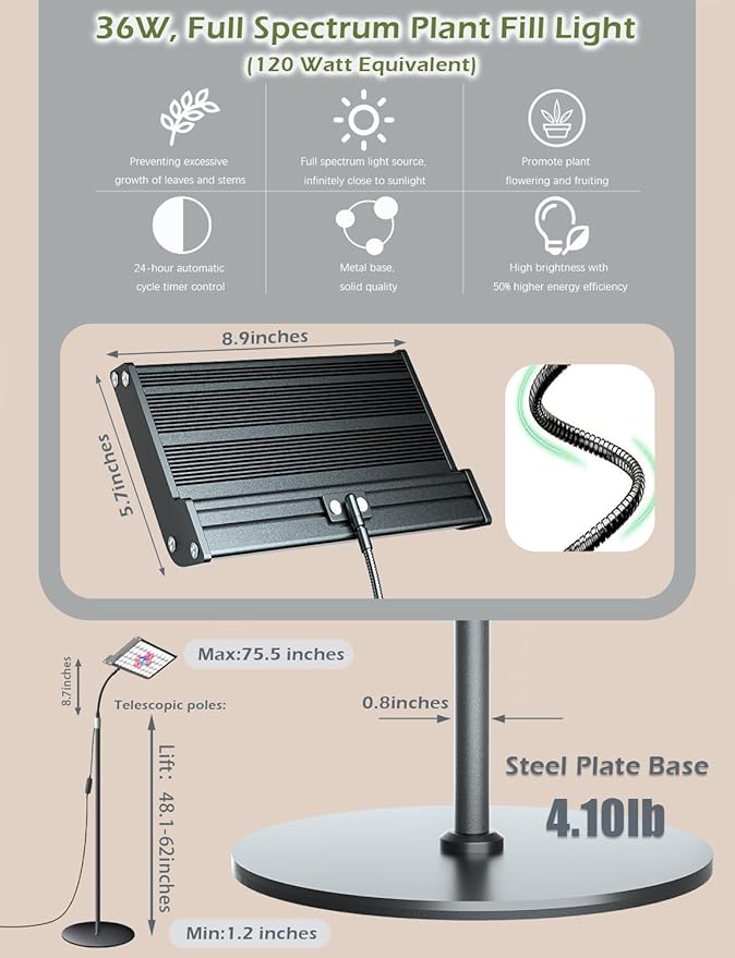 ANCIENTPWR Industrial-Grade Plant Grow Light, Full Spectrum for Indoor Plants with Auto Timer (3/9/12H), 10-Level Dimming, 75.5" Adjustable Height, Flexible Gooseneck & 4.1lb Heavy Base